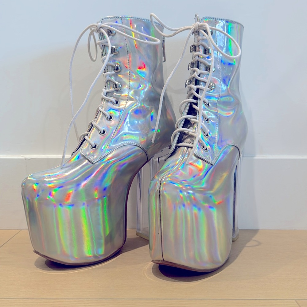 Current Mood Holographic Laced Platform Clear Heeled Boots
